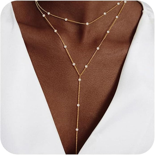 Gold Necklace for Women Trendy Lariat Y Necklace Dainty 14k Gold Plated/Silver Long Necklaces for Women Layered Beaded Drop Necklaces Simple Y-Shaped Chain Jewelry Gifts