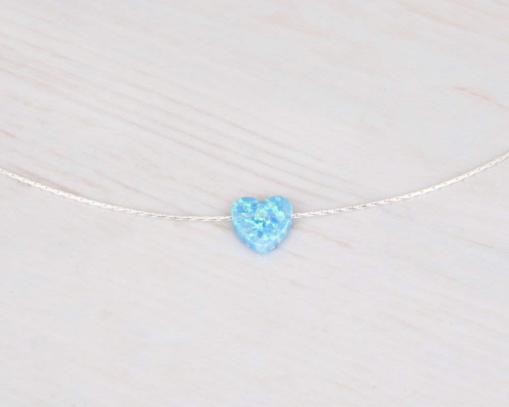 Sterling Silver Choker Necklace with Blue Opal Heart - Designer Handmade Collar Chain for Women- Length: 13.5 inch + 3 inch Extender (sterling silver, blue)
