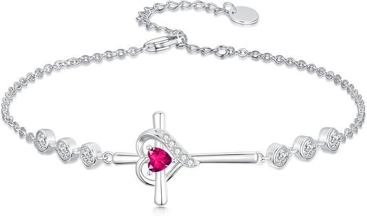 Cross Birthstone Charm Link Bracelet 925 Sterling Silver Cross Bracelet with 12 Months Birthstone Religious Christian Jewelry Gifts for Women Mom Her,Chain Length 7"+2" Extend