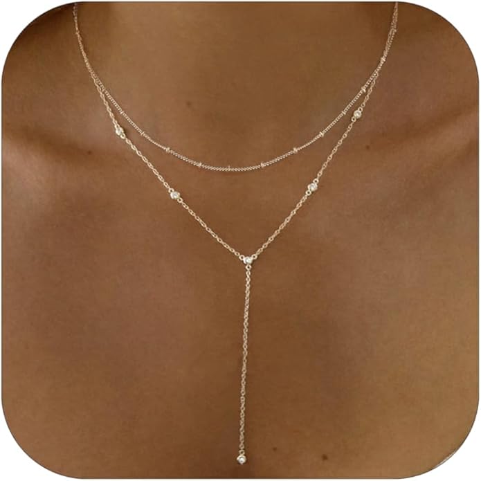 Gold Necklace for Women, Dainty Gold Long Necklaces 14k Gold Plated Prom Bar CZ Lariat Necklace Simple Choker Necklaces for Women Trendy Boho Fashion Costume Jewelry Womens