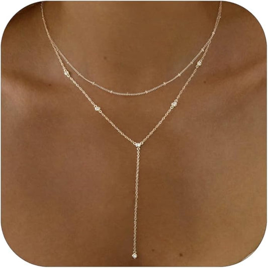 Gold Necklace for Women, Dainty Gold Long Necklaces 14k Gold Plated Prom Bar CZ Lariat Necklace Simple Choker Necklaces for Women Trendy Boho Fashion Costume Jewelry Womens