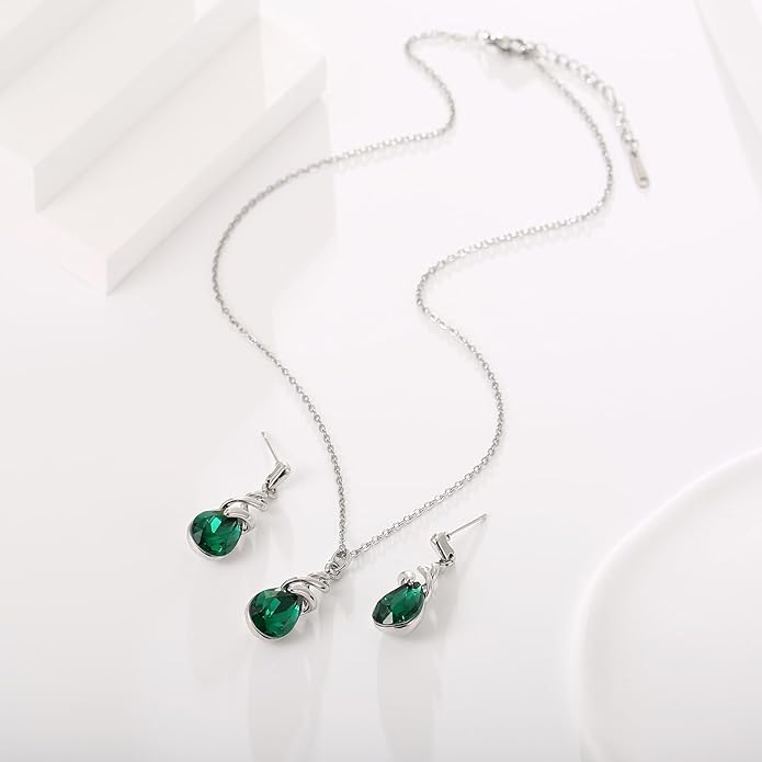 RUOFFETA Teardrop Crystal Jewelry Set, Birthstone Pendant Necklace Drop Dangle Earrings for Women