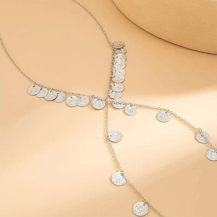 Chunky Long Tassel Gold Coin Choker Necklace for Women Statement Trendy Silver Beaded Disc Y Necklaces Stylish Party Prom Jewelry Costume Accessories