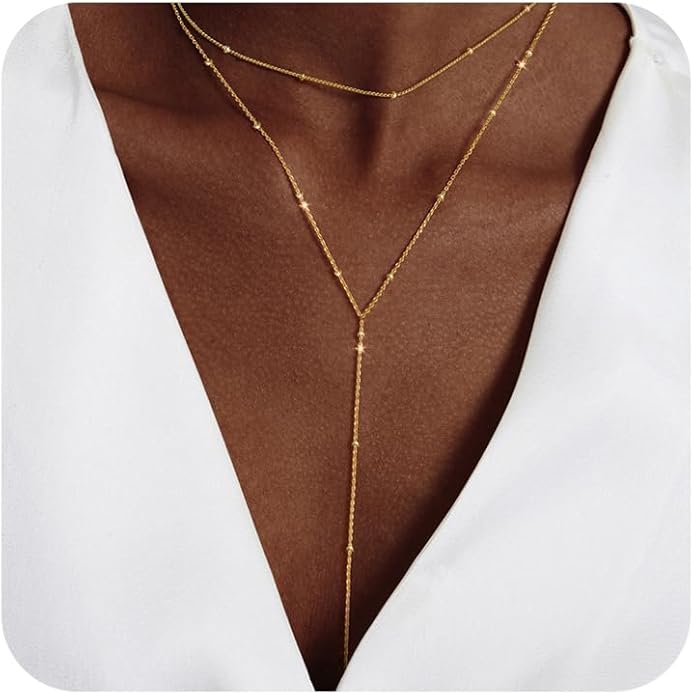 Gold Necklace for Women Trendy Lariat Y Necklace Dainty 14k Gold Plated/Silver Long Necklaces for Women Layered Beaded Drop Necklaces Simple Y-Shaped Chain Jewelry Gifts
