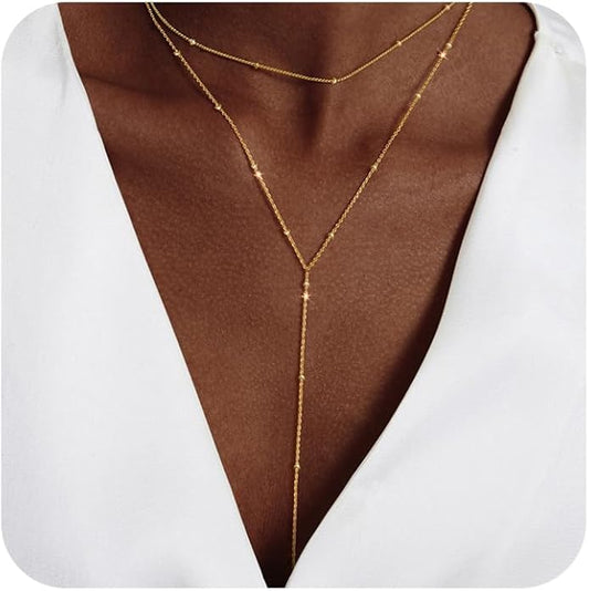 Gold Necklace for Women Trendy Lariat Y Necklace Dainty 14k Gold Plated/Silver Long Necklaces for Women Layered Beaded Drop Necklaces Simple Y-Shaped Chain Jewelry Gifts