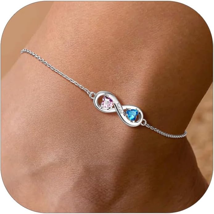 Custom4U Personalized Infinity Ankle Bracelets for Women 925 Sterling Silver Anklet Bracelet Endless Love Symbol Birthstone Charm Adjustable Foot Chain Jewelry Mothers Day Gifts for Mom Wife Women Her