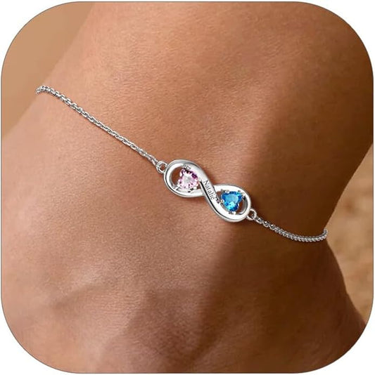 Custom4U Personalized Infinity Ankle Bracelets for Women 925 Sterling Silver Anklet Bracelet Endless Love Symbol Birthstone Charm Adjustable Foot Chain Jewelry Mothers Day Gifts for Mom Wife Women Her