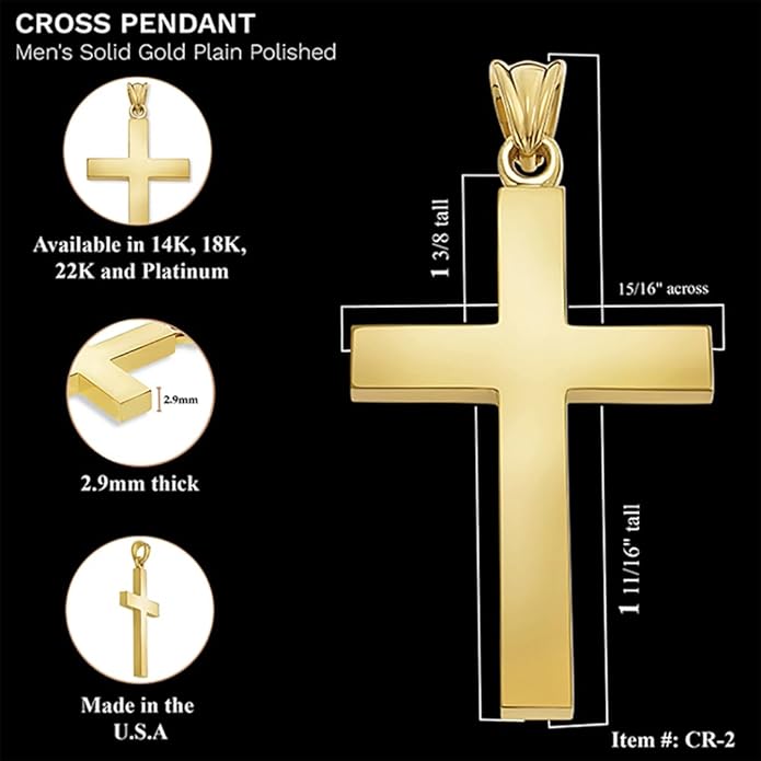 Men's 14K Solid Gold Plain Cross Pendant Necklace