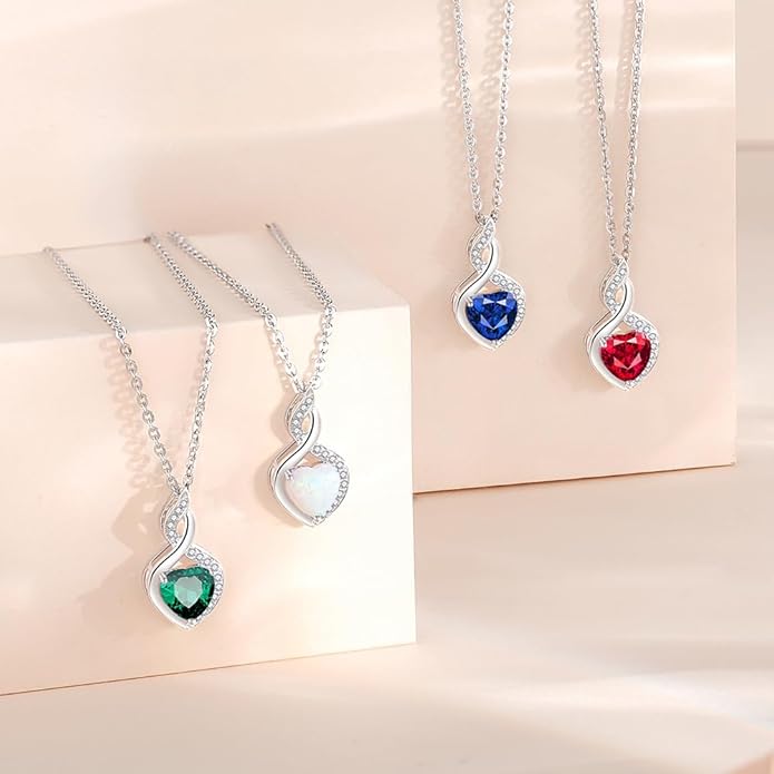 FANCIME 14K Solid White Gold Heart Birthstone Necklace with Diamond Pendent Birthday Gifts for Mom Women, Sterling Silver Chain 16" + 2" Extender