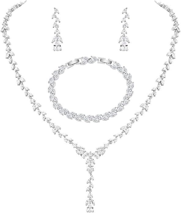 MEEDOZ Bridal Wedding Jewelry CZ Set Marquise Teardrop Cubic Zirconia Pendant Necklace and Dangle Earring Bracelet Sets for Women