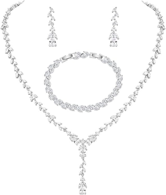 MEEDOZ Bridal Wedding Jewelry CZ Set Marquise Teardrop Cubic Zirconia Pendant Necklace and Dangle Earring Bracelet Sets for Women