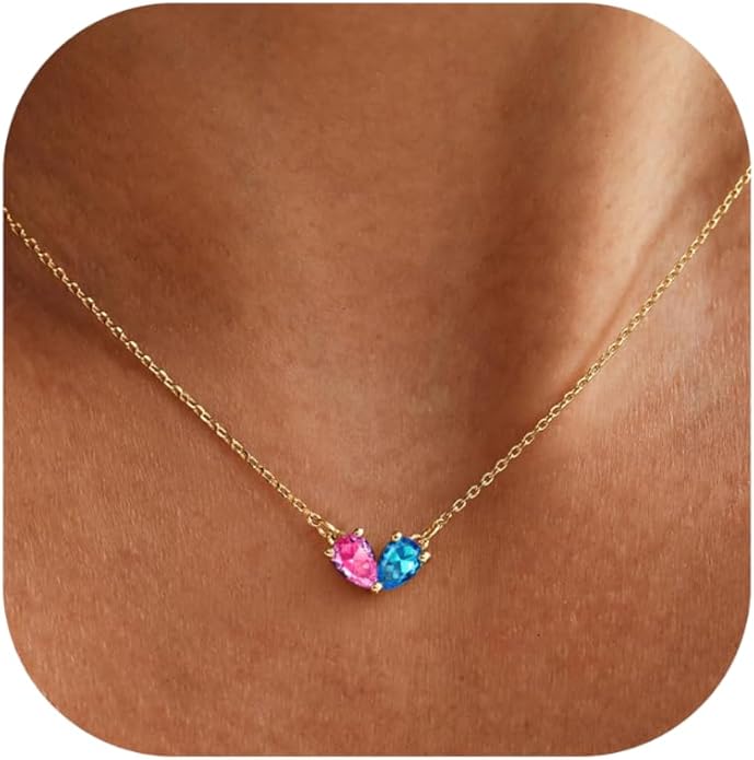 KOHOTA Gold Birthstone Necklace for Women Non Tarnish 14K Gold Plated CZ Heart Pendant Necklaces Dainty 2 Birthstones Emerald Green Charm Necklace for Mother and Daughter Birthday Jewelry Gifts