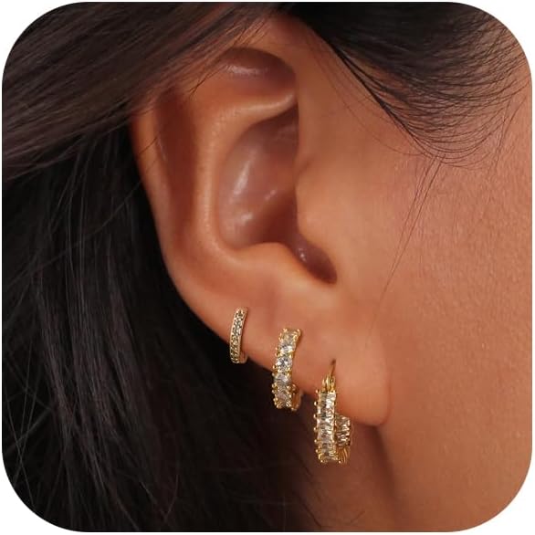 Gold Hoop Earrings Set for Women Trendy, 14K Gold Plated Chunky Hypoallergenic Small Diamond Cartilage Hoops Cute Cubic Zirconia Dangle Stud Earrings Jewelry Gifts