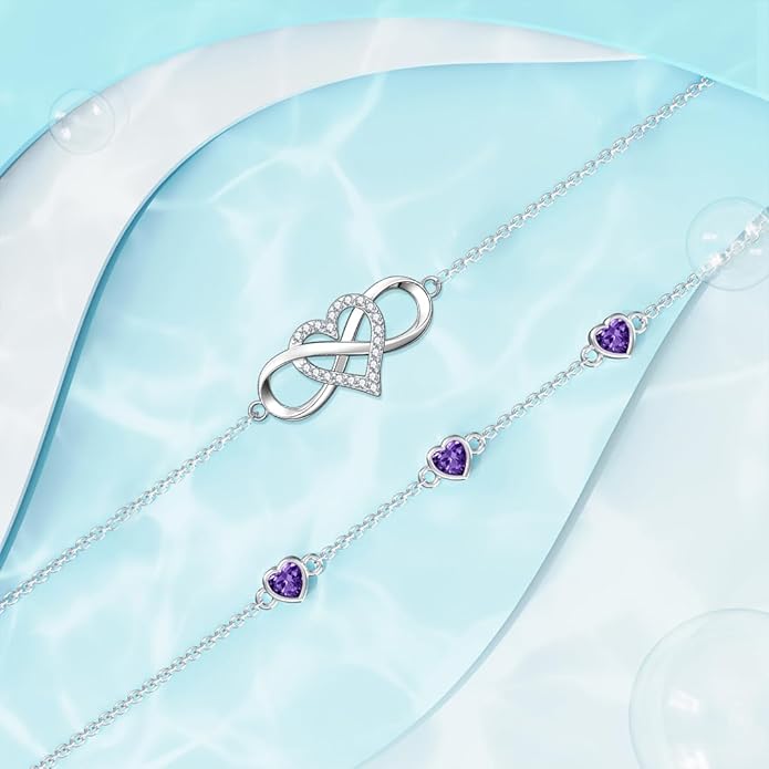 Dorunmo 925 Sterling Silver Infinity Heart Birthstone Anklet Bracelets for Women Best Mother's Day Birthday Jewelry for Wife Girlfriend Mom Her