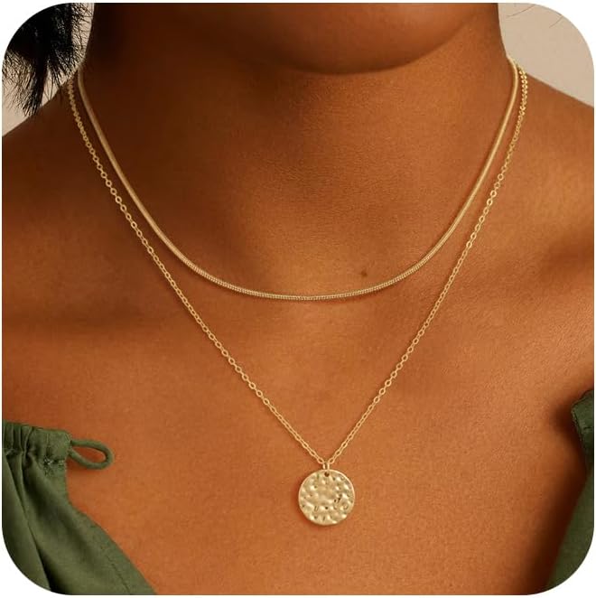 Layered Necklaces for Women 14K Gold Plated Stack Circle Pendant Trendy Long Chain Stackable Handmade Coin Necklace Set Dainty Gold Stacked Jewelry Gifts