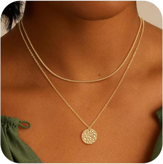 Layered Necklaces for Women 14K Gold Plated Stack Circle Pendant Trendy Long Chain Stackable Handmade Coin Necklace Set Dainty Gold Stacked Jewelry Gifts
