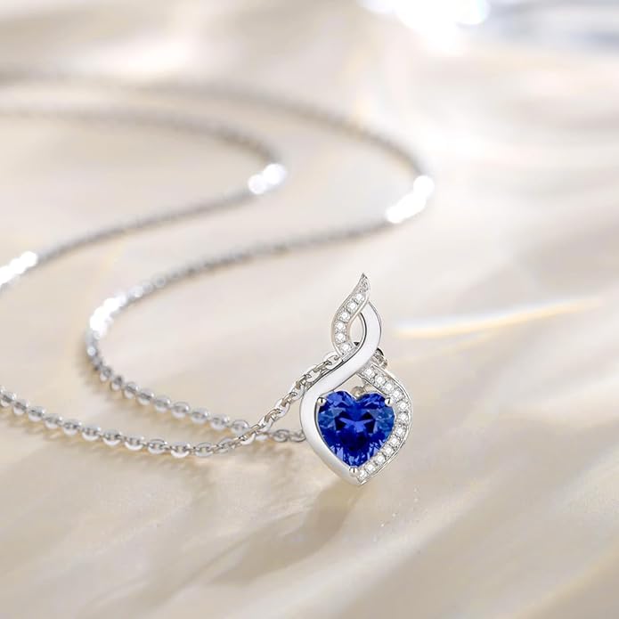 FANCIME 14K Solid White Gold Heart Birthstone Necklace with Diamond Pendent Birthday Gifts for Mom Women, Sterling Silver Chain 16" + 2" Extender