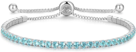 Sterling Silver Birthstone Tennis Bracelets for Women 2.5mm Tennis Bolo Bracelet Fashion Jewelry Birthday Gifts for Women Mom Wife | Adjustable Size 9"