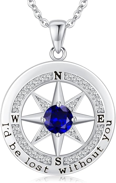 Compass Necklace for Women Wife Girlfriend Mom Daughter Gifts S925 Silver Jewelry For Anniversary Rose Gold Gifts For Birthday Christmas Mothers Valentines Day 12 Birthstones