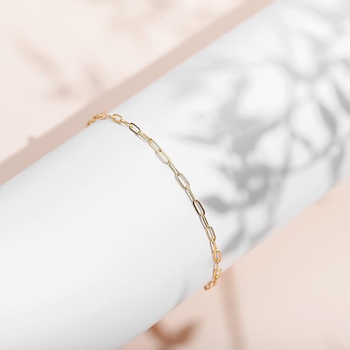 PAVOI 14K-18K Gold Plated Charm Link Flat Gold Anklets for Women | Beaded Marina Link Mariner Paperclip Snake Chain Jewelry Anklets
