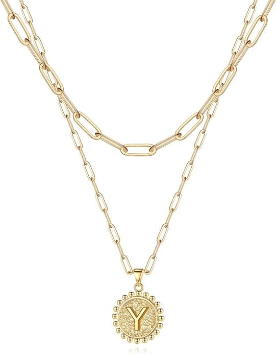 Ursteel Layered Initial Necklaces for Women, 14K-Gold-Plated Dainty Layering Paperclip Chain Necklaces for Women Jewelry