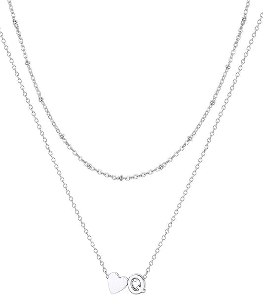 FOCALOOK Layered Initial Necklace for Women, 14K Gold Plated Choker Necklaces Stacks with Initial A-Z, Dainty Silver Heart Pendant Necklace Personalized Birthday Women Jewelry