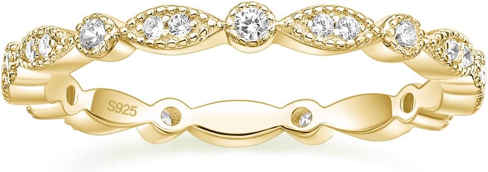 EAMTI 925 Sterling Silver Wedding Band for Women Cubic Zirconia Marquise & Round Milgrain Full Eternity Stackable Ring Size 3-13