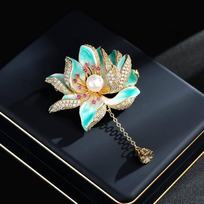 14K Gold Natural Peal Brooch with Lotus Design, High-End Elegant Vintage Chinese Style Accessory, Pearl Flower Brooch, Rhinestone/Crystal Brooches for Women
