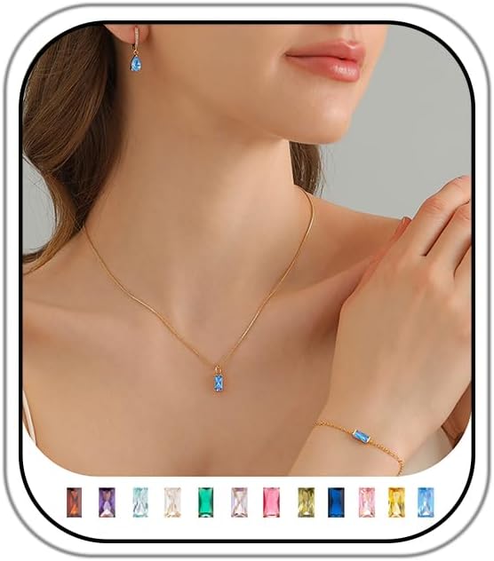 Birthstone 14K Gold Plated Bracelets Earrings Necklaces Jewelry Set， Blue Green May Cubic Zirconia，Friendship Bracelets Jewelry Gifts for Mom Best Friend Birthday