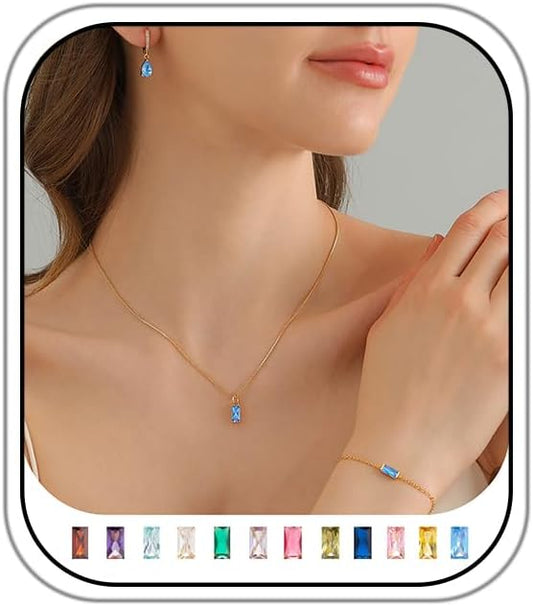 Birthstone 14K Gold Plated Bracelets Earrings Necklaces Jewelry Set， Blue Green May Cubic Zirconia，Friendship Bracelets Jewelry Gifts for Mom Best Friend Birthday