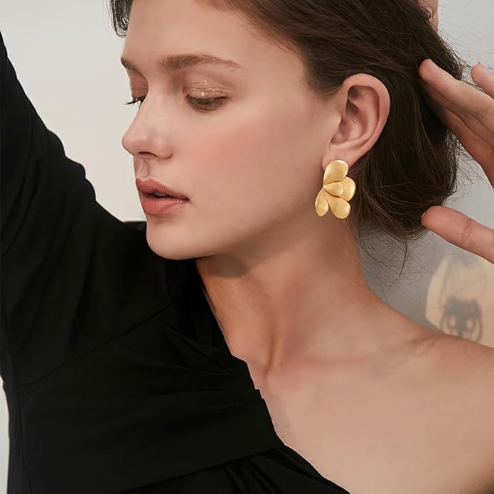 Chunky Gold Statement Earrings For Women Gold Plated Sectored Flower Leaf Shell Angel Wing Earrings Large Stud Earrings Hypoallergenic Earrings