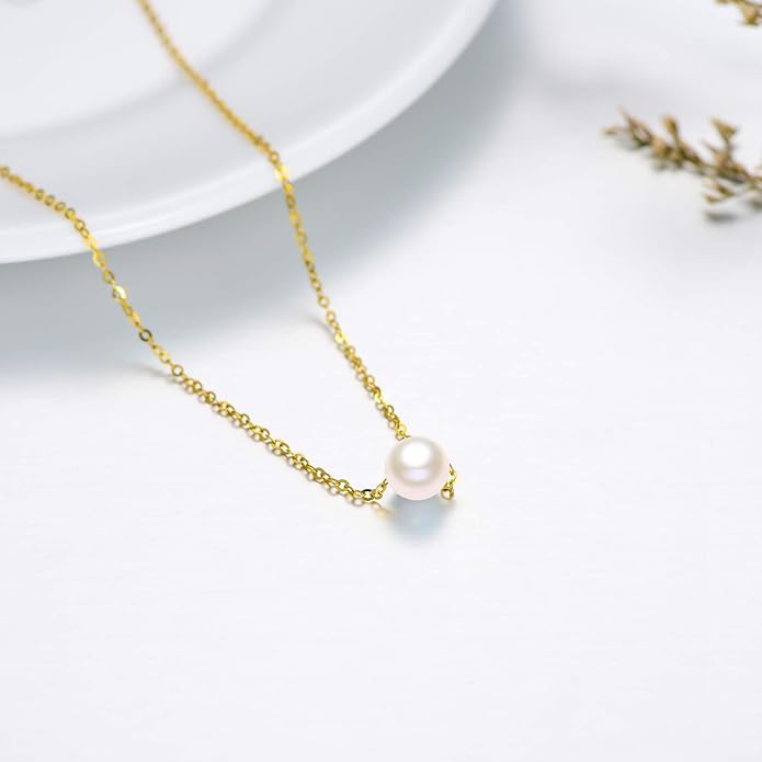 14K Solid Gold Pearl Necklace for Women, Real Freshwater Cultured Pearl Pendant Necklace 7.5mm Dainty Single Sliding Pearl Design Adjustable Necklaces Fine Jewelry Gift for Her, Mom, Wife 16"-18"