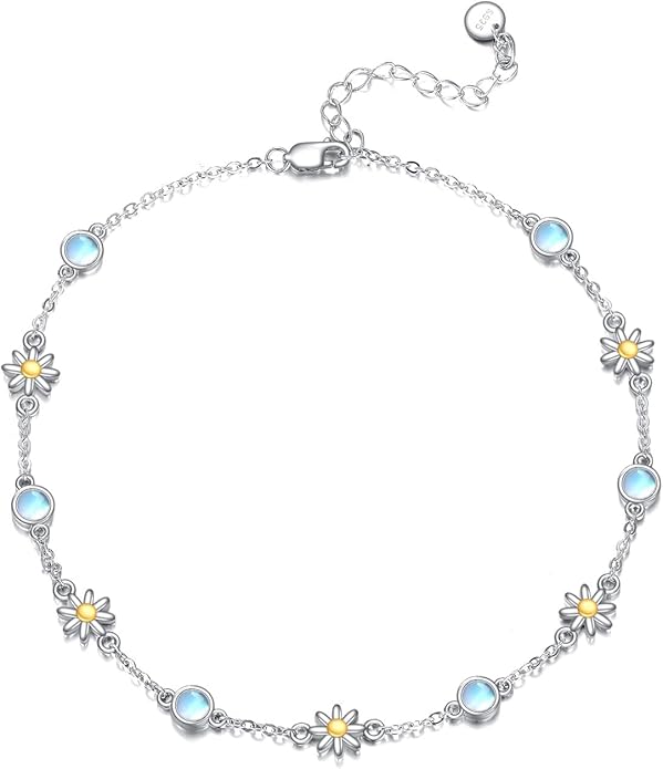 CRMAD 925 Sterling Silver Daisy/Sunflower Moonstone Anklet Daisy Flower Ankle Bracelet for Women Beach Dainty Jewelry