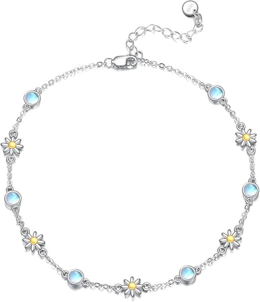 CRMAD 925 Sterling Silver Daisy/Sunflower Moonstone Anklet Daisy Flower Ankle Bracelet for Women Beach Dainty Jewelry