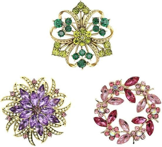 Nyx&lvy Vintage Crystal Flower Brooch Set, 3 Pieces, Purple Pink Green Rhinestones, Gold Tone Floral Pins for Wedding and Evening Wear Christmas gift