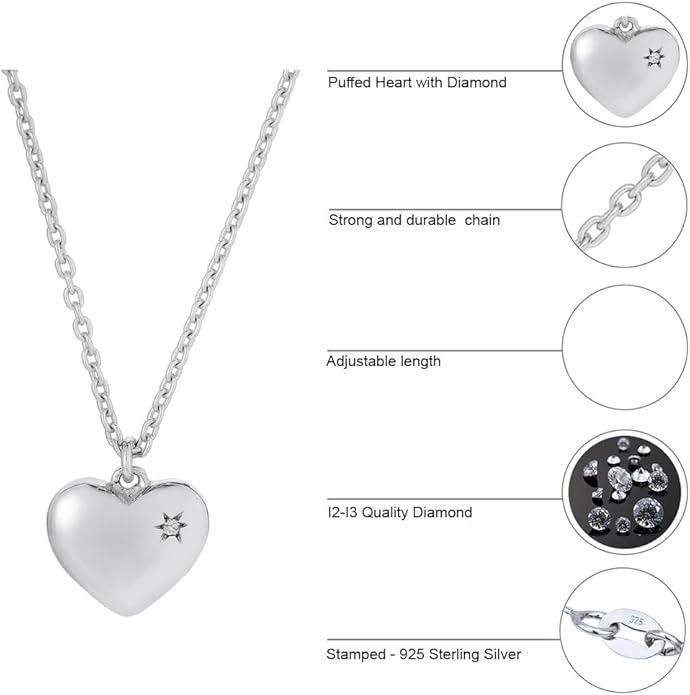 Vanbelle Sterling Silver Jewelry - Rhodium Plated with 925 Stamp - Puffed Heart Pendant Necklace - Elegant Handcrafted Necklace for Women - Mother's Day Collection