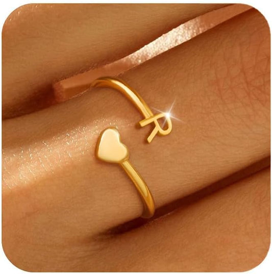 Honsny Gold Initial Rings for Women Non Tarnish 18K Gold Plated Heart Initial Stackable Rings Adjustable Pinky Rings for Women Cute Dainty Alphabet Capital Letter Rings Jewerly Gift
