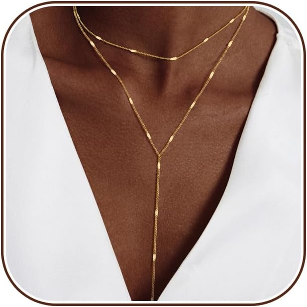 Lariat Gold Necklace for Women, Dainty Long Necklace 14k Gold Plated/Silver Y-Shaped Layered Beaded Chain Drop Necklaces for Women Trendy Simple Gold Jewelry for Women Gifts
