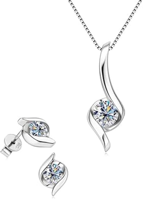 Exquisite Moissanite & 925 Sterling Silver Jewelry Set: Trendy European Design with Pendant (1 Carat, 1/4-inch, 6.5mm) and Earrings (Each: 0.5 Carat, 3/16-inch, 5mm) – Elegant Leather Gift Box Included