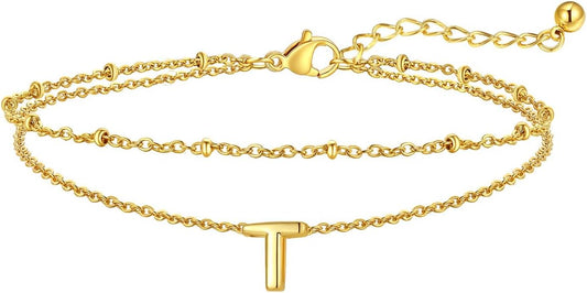 FaithHeart Initial Ankle Bracelets for Women, Waterproof 14k Gold Plated Initial Anklets Non Tarnish Stainless Steel Layered Anklet Summer Beach Foot Jewelry