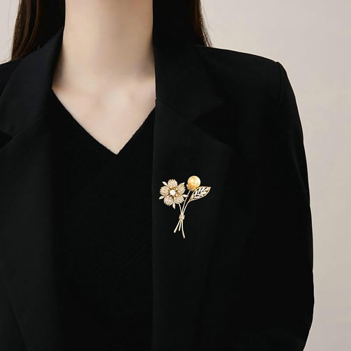 14K Gold Crystal Flower Brooch with Shiny Pearls - Exquisite Floral Pin, Versatile Gift for Mother's Day, Valentine's, or Friendship Celebrations