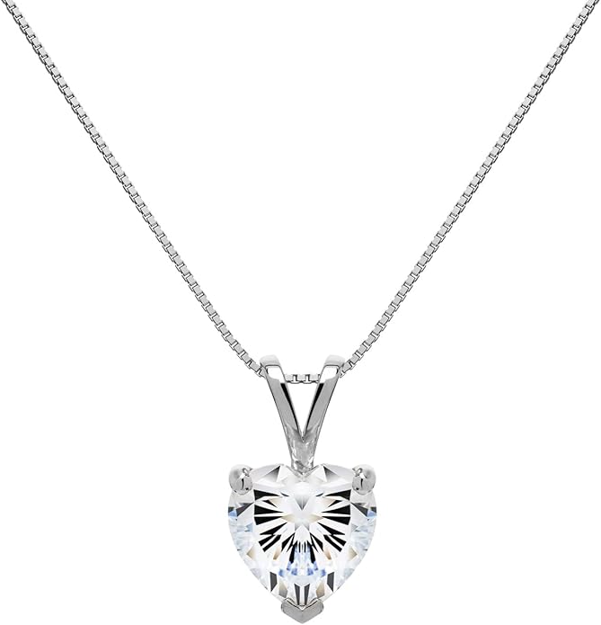 Everyday Elegance Solid 14K Gold Cubic Zirconia Solitaire Pendant Necklace for Women Heart, Princess, Round, Oval, Emerald, Pear & Cushion Cut 1 or 2 CTW | .60mm Thick 16" 18" Length Box Link Chain