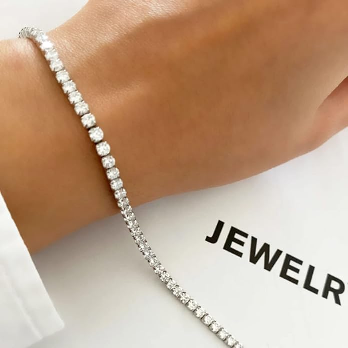 Tennis Necklace Bracelet for Women, Sterling Sliver, Dainty Chocker Necklace, Crystal Bracelet for Women, Wedding Jewelry for Bride, Sparkly Party Prom Hypoallergenic