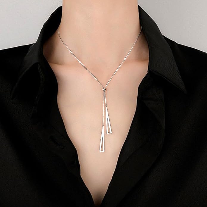 14K Gold Statement Y Necklace for Women,Dainty Double Triangle Pendant Necklace Long Link Chain Lariat Collar Necklace Minimalist Jewelry Gifts