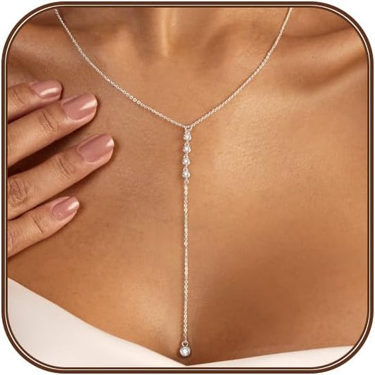 Lariat Silver/Gold Necklace for Women 925 Silver/14K Gold Plated Dainty Long Necklace Y-Shaped Drop Pendant Necklaces Choker Trendy Chain Simple Layered Necklaces CZ Jewelry for Women Set Gift