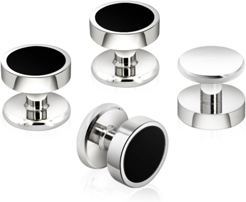 Men's Black Onyx Cufflink & Tuxedo Shirt Stud Set, 16mm Rhodium-Plated Brass, Elegant Gift Box
