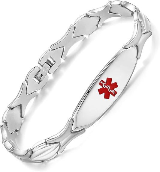 LinnaLove Fashion Shiny medical alert bracelet with Free Engraving Stainless steel Medical id bracelet for Women