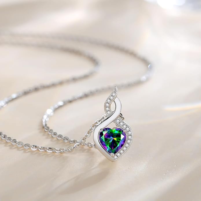 FANCIME 14K Solid White Gold Heart Birthstone Necklace with Diamond Pendent Birthday Gifts for Mom Women, Sterling Silver Chain 16" + 2" Extender