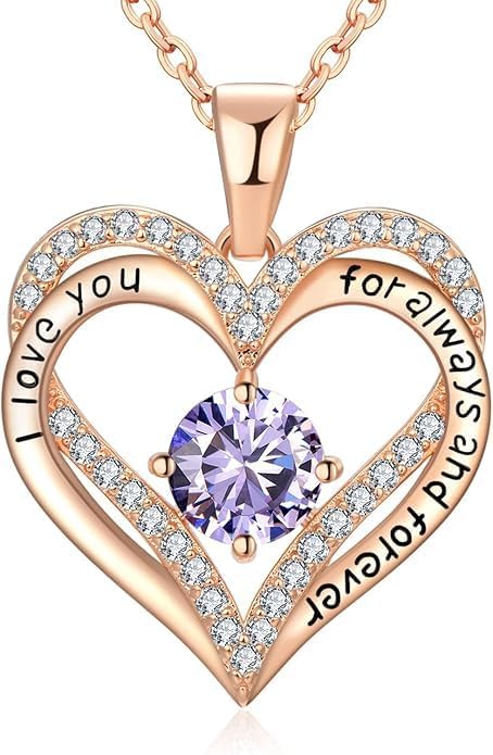 Birthstone Heart Necklace for Women Wife Girlfriend Mom Daughter Gifts S925 Silver Jewelry For Anniversary Rose Gold Gifts For Birthday Christmas Mothers Valentines Day