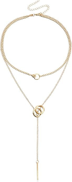 PLOUTOS Double Circle Layered Choker Lariat Necklace for Women Tassel Long Bar Pendant Adjustable Chain Y Shaped Collarbone Style Two Colors Silver Gold Alloy